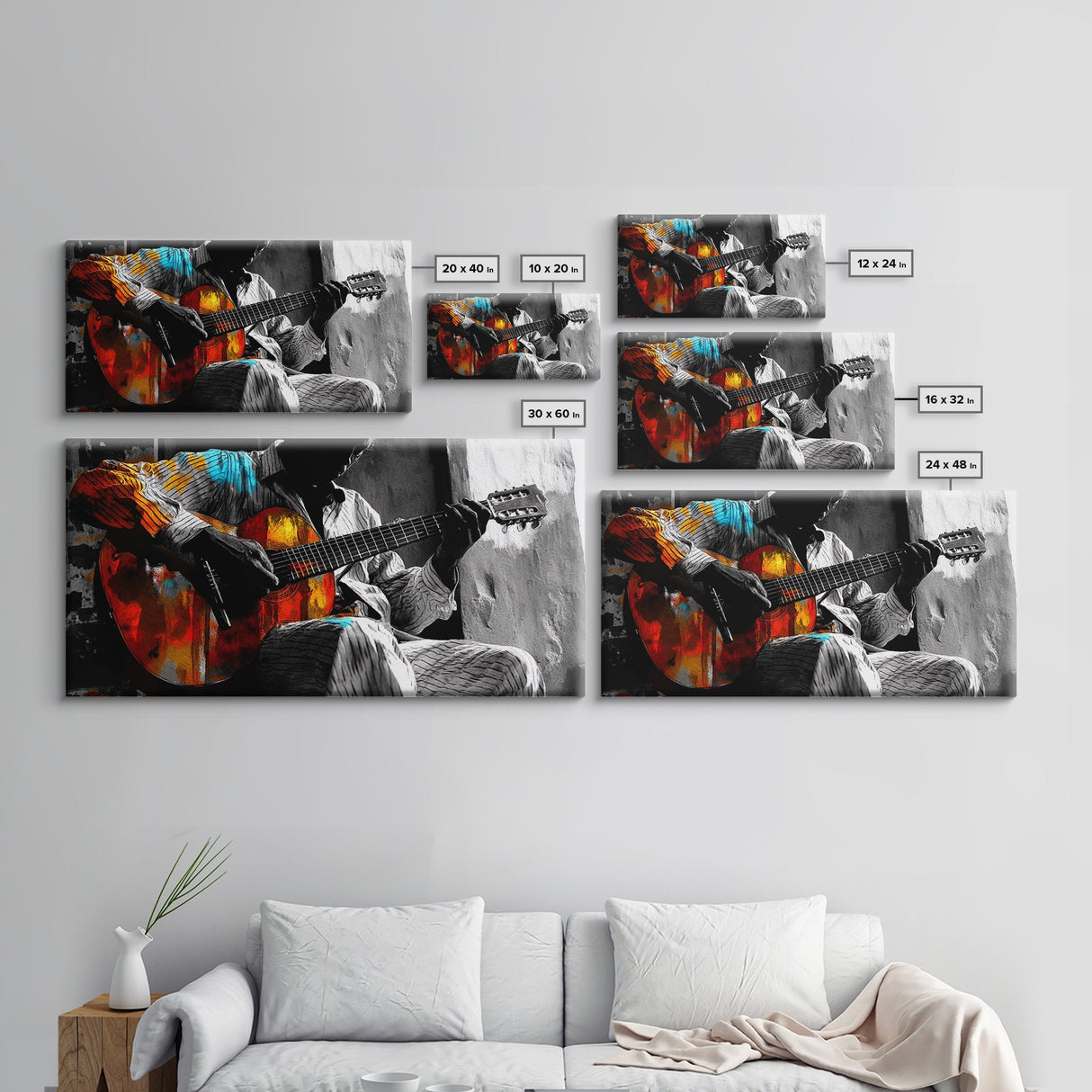 Guitarist, Music, Expression, Moody musical moment captured in this Framed Canvas Print, Boho Music Room Art, Artistic Studio Wall Art