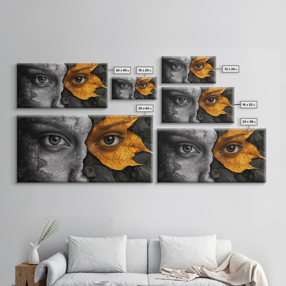Eyes, Autumn, Leaves, Emotional duality in surreal leaf-face art on this Framed Canvas Print, Fall Decor and Unique Modern Living Room Art