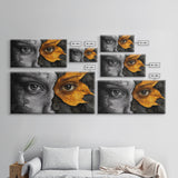 Eyes, Autumn, Leaves, Emotional duality in surreal leaf-face art on this Framed Canvas Print, Fall Decor and Unique Modern Living Room Art