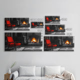 Fireplace, Red Chair, Cozy firelight and bold red accent chair on this Framed Canvas Print, Cozy Fall Living Room Art, Cabin Decor Accent