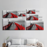 Pier, Red Railings, Fog, Lonely walk down a vivid red pier into the mist in this Framed Canvas Print, Coastal Decor, Minimalist Wall Art