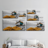 Fishing Boat, Coastal Life, Yellow Net, Framed Canvas Print, Nautical Decor, Beach House Wall Art, Seaside Photography, Ocean Lover Gift