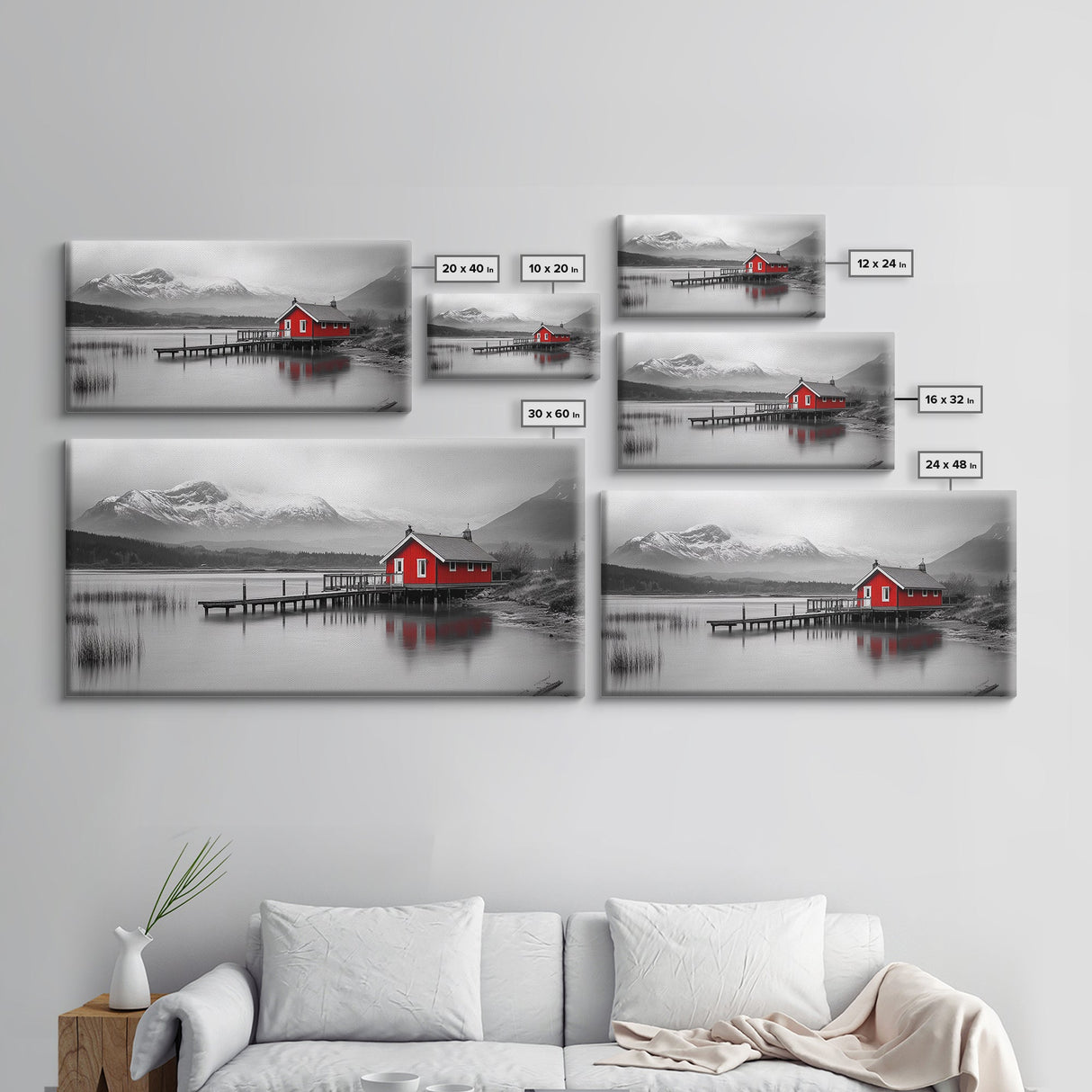 Red Cabin, Lake House, Mountain Reflection, Framed Canvas Print, Nordic Art, Winter Landscape, Bedroom Wall Art, Modern Minimalist Decor