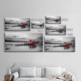 Red Cabin, Lake House, Mountain Reflection, Framed Canvas Print, Nordic Art, Winter Landscape, Bedroom Wall Art, Modern Minimalist Decor