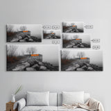Fog Wall, Concrete Graffiti, Misty Lake Path, Framed Canvas Print, Urban Nature Blend, Moody Art, Hallway Decor, Modern Grayscale Style