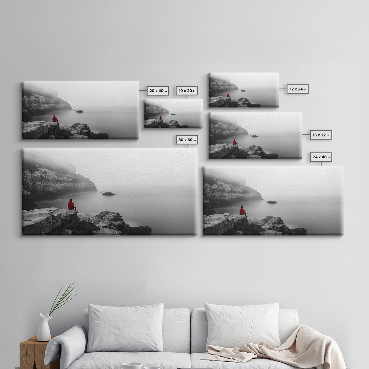 Red Hoodie, Ocean Cliff, Misty Silence, Framed Canvas Print, Minimalist Solitude Art, Mental Health Awareness, Bedroom Wall Decor, Calm Scene