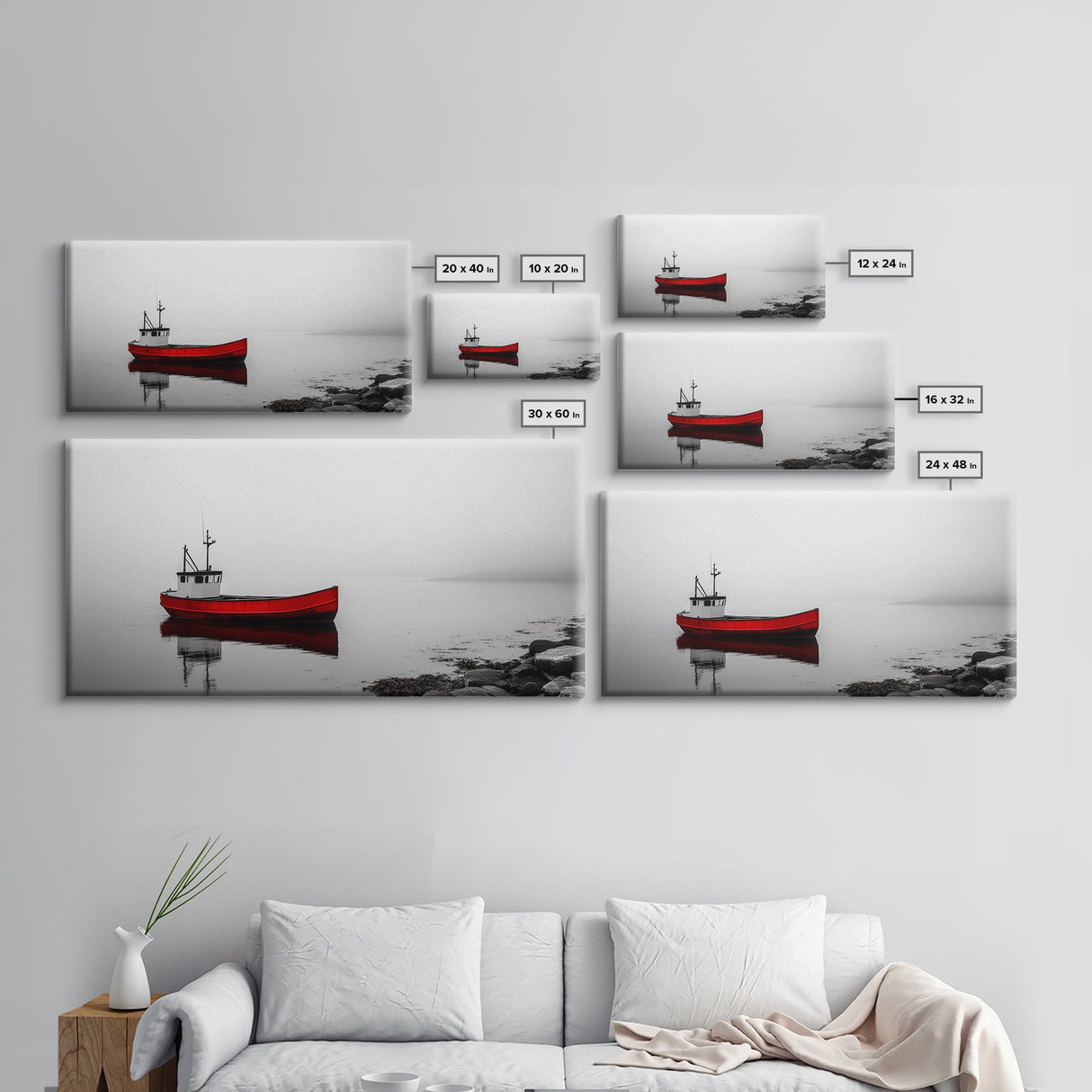 Red Boat, Calm Water, Minimalist Decor, Ocean Scene, Living Room Wall Art, Coastal Style, Canvas Print, Modern Nautical, Serene Landscape