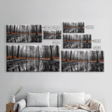 Reflected Forest, Orange Leaves, Tranquil River, Monochrome Fall, Canvas Print, Rustic Decor, Bedroom Wall Art, Woodland Scene