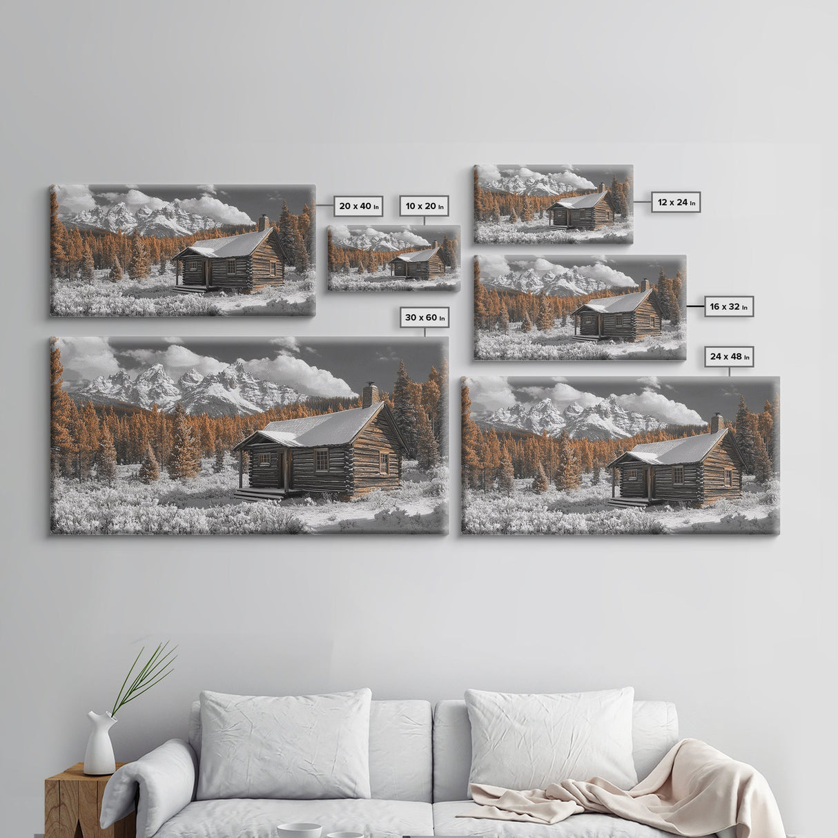 Snowy Cabin, Winter Landscape, Mountain Lodge, Rustic Retreat, Framed Canvas Print, Cozy Wall Art, Cabin Living, Holiday Decor