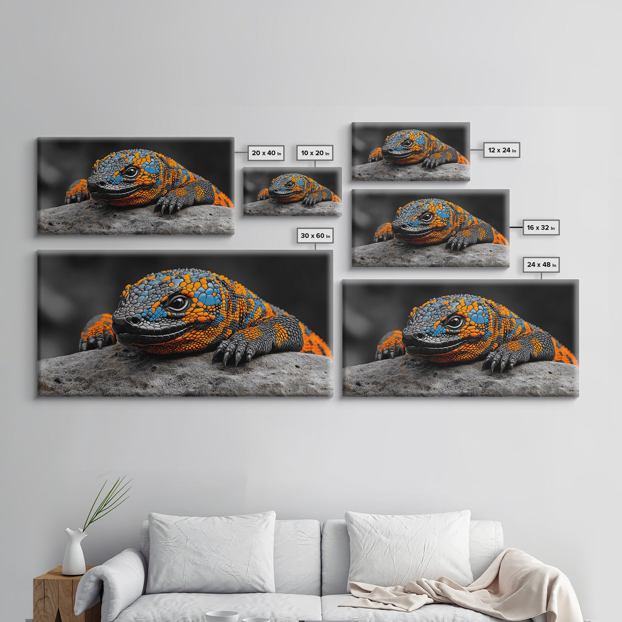 Colorful Lizard, Wildlife Closeup, Exotic Creature, Nature Bold, Framed Canvas Print, Reptile Lover Gift, Office Wall Art, Vibrant Wildlife Art