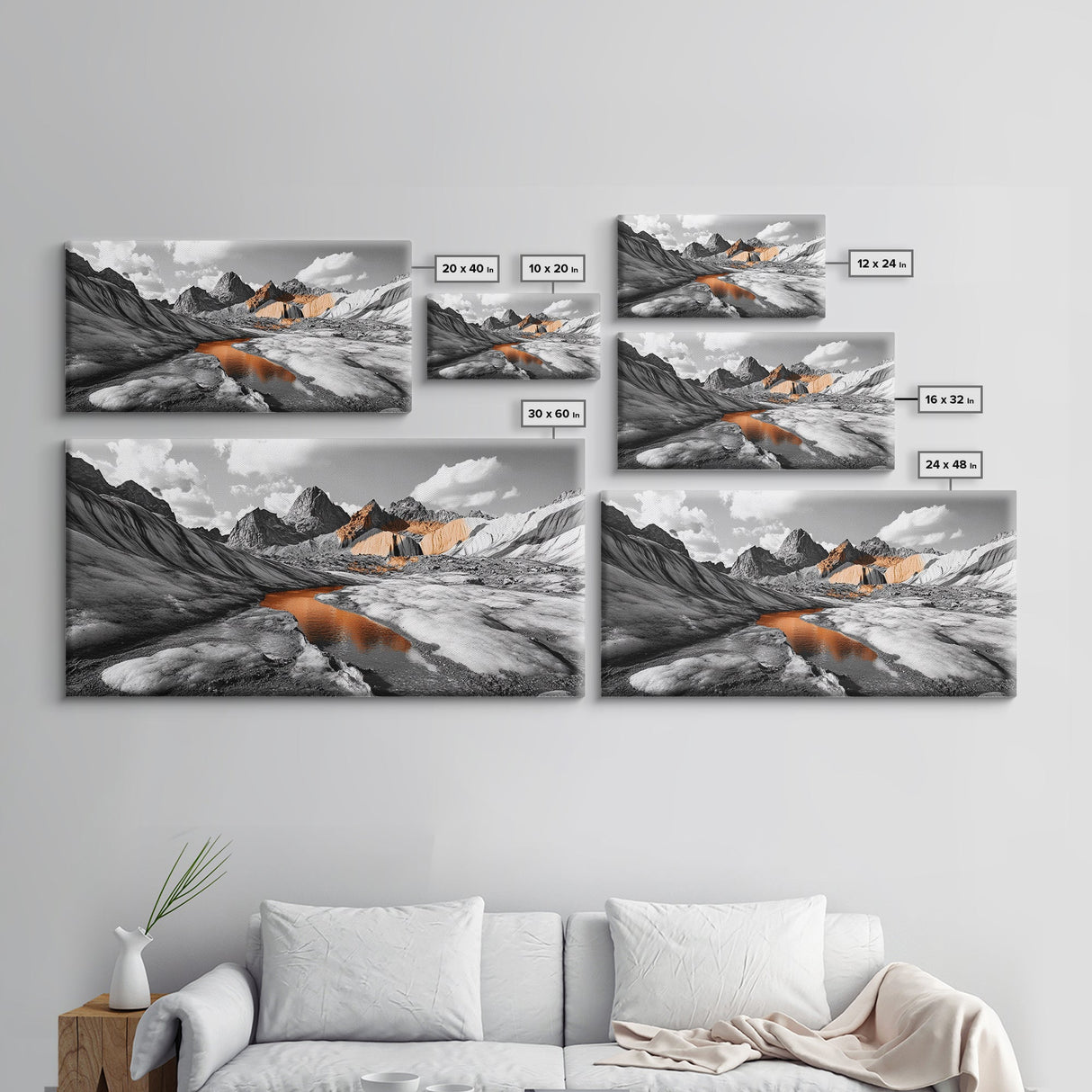 Glacial Canyon, Orange Reflection, Monochrome Mountain, Fall Landscape, Framed Canvas Print, Rustic Wall Decor, Adventure Photography