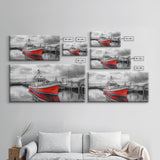 Red Boat, Dock Reflections, Moody Sky, Harbor Life, Framed Canvas Print, Nautical Wall Decor, Coastal Art, Living Room Art, Maritime Style