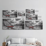 Red Sailboat, Rocky Cove, Tranquil Water, Coastal Escape, Canvas Print, Nautical Wall Art, Minimalist Seaside Style, Black White Art