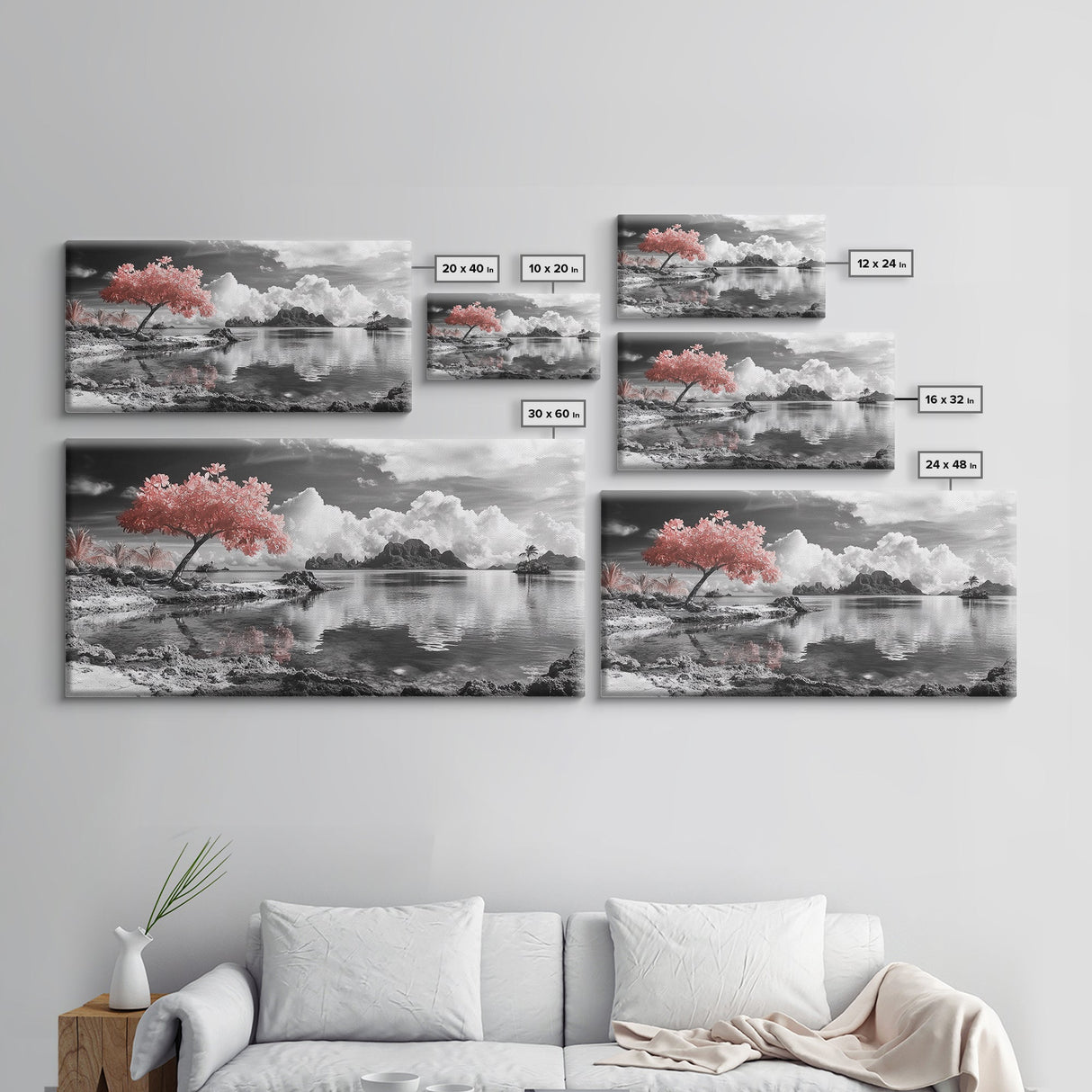 Pink Tree, Island Dreams, Serene Water, Tropical Sky, Framed Canvas Print, Boho Wall Art, Bedroom Decor, Black and White Landscape