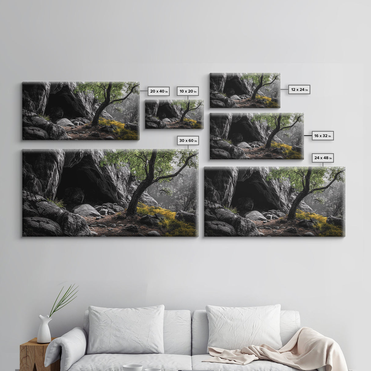Forest Cave, Green Tree, Yellow Wildflowers, Peaceful Nature, Framed Canvas Print, Rustic Wall Decor, Cabin Living Room Art, Landscape