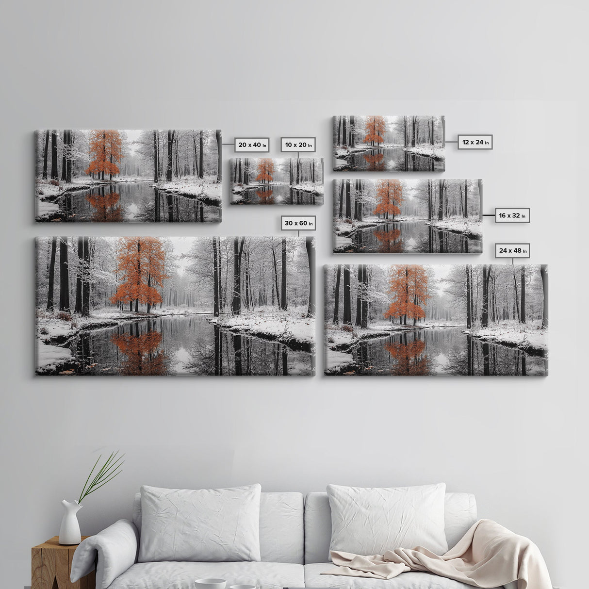 Orange Tree, Snow Forest, Winter River, Autumn Contrast, Canvas Print, Fall Wall Decor, Living Room Art, Nature Photography, Moody Art