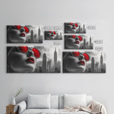 Red Lips, Urban Glam, High Fashion, City Vibes – Framed Canvas Print, Modern Pop Art, Living Room Wall Art, Bold Aesthetic, Edgy Decor