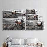 Rustic Horse, Country Fence, Western Scene, Moody Skies – Framed Canvas Print, Farmhouse Wall Art, Autumn Decor, Cabin Living, Cowboy Vibe