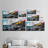 Vibrant Coastline, Yellow Cliff, Blue Ocean, Tropical Escape – Framed Canvas Print, Beach Wall Art, Boho Decor, Hawaii Inspired Room Vibe