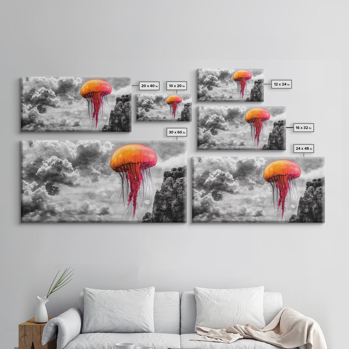 Orange Jellyfish, Floating Creature, Surreal Sky, Dreamlike Scene – Canvas Print, Nautical Wall Art, Living Room Piece, Ocean Fantasy