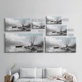 Solitary Boat, Alpine Lake, Tranquil Shore, Winter Silence – Canvas Print, Minimalist Wall Art, Bedroom Decor, Scandinavian Aesthetic