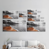 Sunset Shore, Moody Coastline, Crimson Reflections, Stormy Skies – Framed Canvas Print, Beach Wall Art, Coastal Living Room Decor