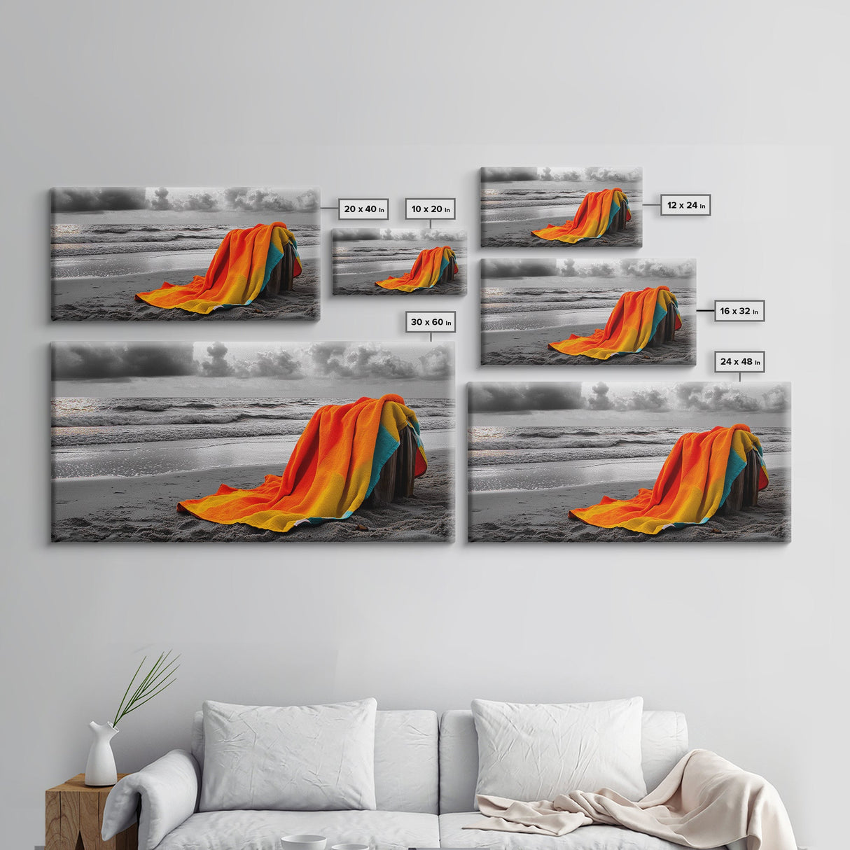 Towel Beach, Ocean Breeze, Coastal Comfort, Relaxing Seascape, Framed Canvas Print, Bathroom Wall Art, Bold Colors, Summer Vibes