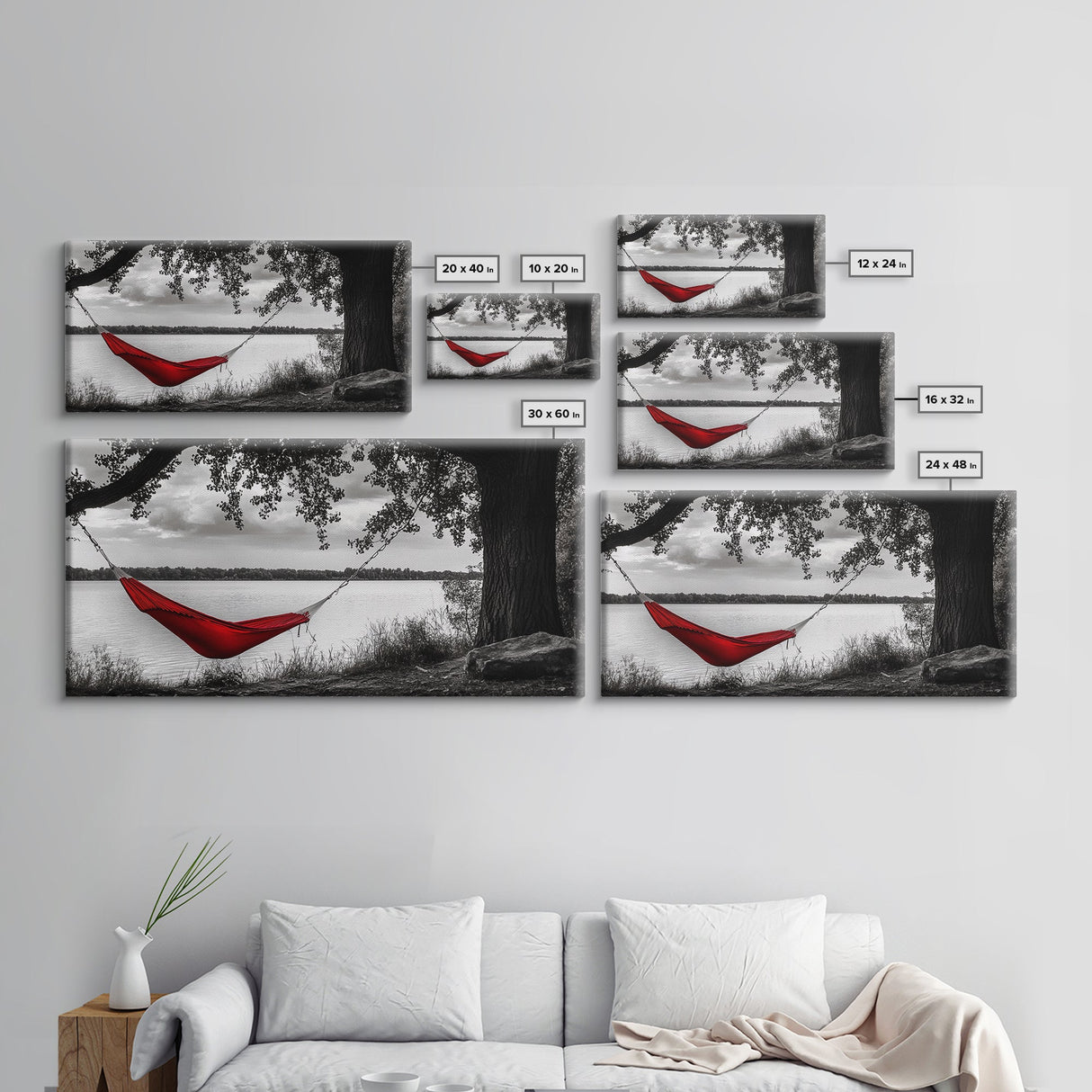 Red Hammock, Lakeside View, Tranquil Nature, Tree Shade, Framed Canvas Print, Boho Wall Art, Bedroom Decor, Relaxing Forest Landscape