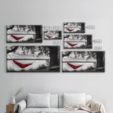 Red Hammock, Lakeside View, Tranquil Nature, Tree Shade, Framed Canvas Print, Boho Wall Art, Bedroom Decor, Relaxing Forest Landscape