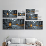 Lantern Glow, Forest Trail, Autumn Leaves, Soft Light, Framed Canvas Print, Fall Wall Art, Rustic Entryway Decor, Nature Photography Print