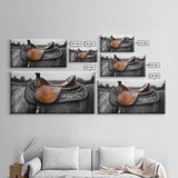 Western Saddle, Leather Detail, Horseback Art, Rustic Charm, Framed Canvas Print, Cowboy Wall Art, Farmhouse Decor, Equestrian Living Room