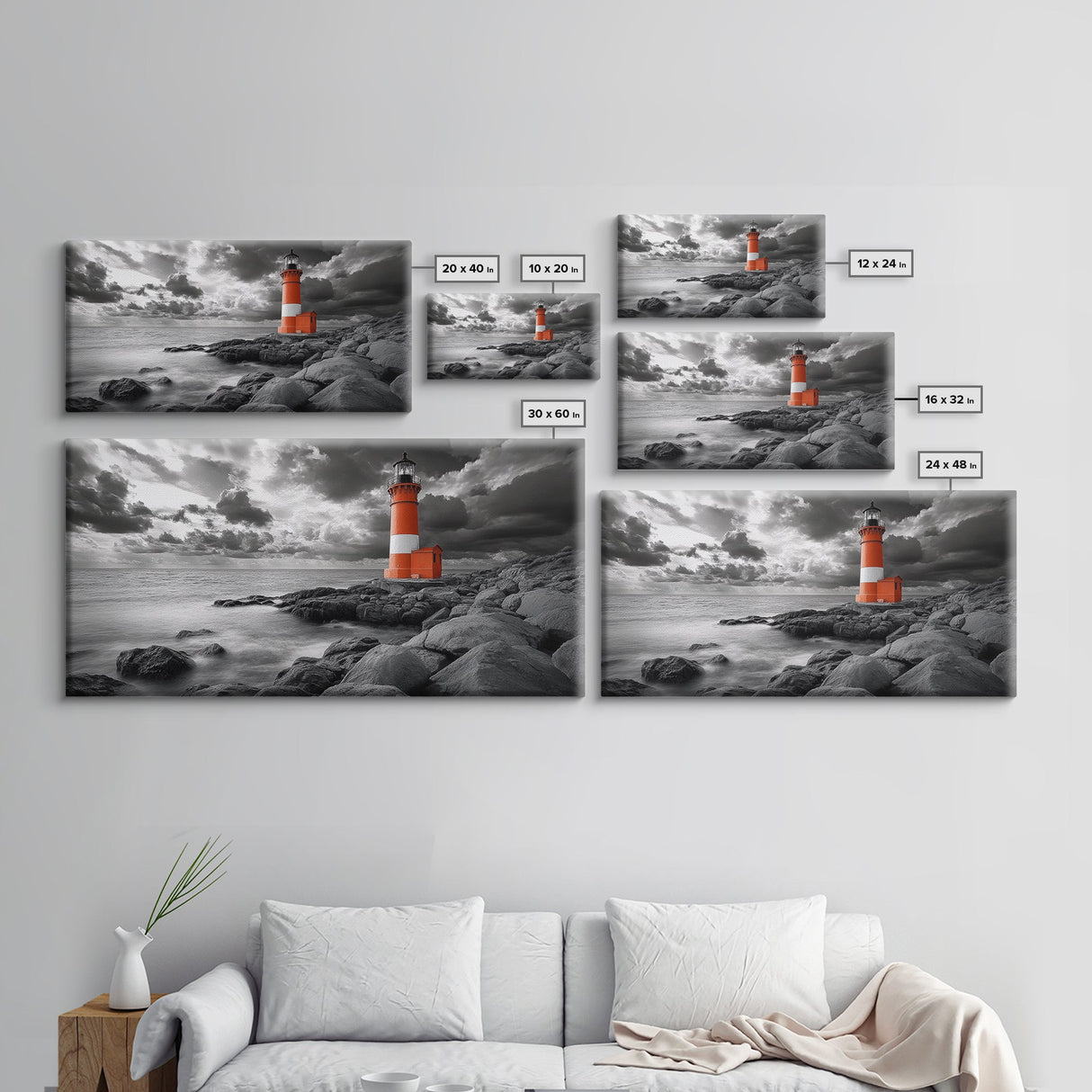 Red Lighthouse, Stormy Sea, Rocky Shore, Moody Coastal, Framed Canvas Print, Nautical Wall Art, Dramatic Bathroom Decor, Ocean Vibes