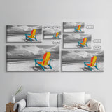 Chair Seaside, Colorful View, Coastal Relaxation, Minimalist Beach, Framed Canvas Print, Sunroom Wall Art, Summer Beach Escape