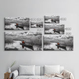 Solitary Canoe, Peaceful Waters, Cloudy Sky, Red Shirt, Framed Canvas Print, Nature Explorer Gift, Cabin Wall Art, Rustic Fall Scene