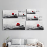 Red Tree Hilltop, Serene Winter Landscape, Peaceful Country Decor, Misty Morning Wall Art, Framed Canvas Print, Minimalist Bedroom Art
