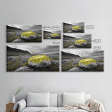 Yellow Moss Rock, Moody Nature Photography, Icelandic Landscape Art, Wilderness Inspired Canvas Print, Rustic Cabin Wall Decor
