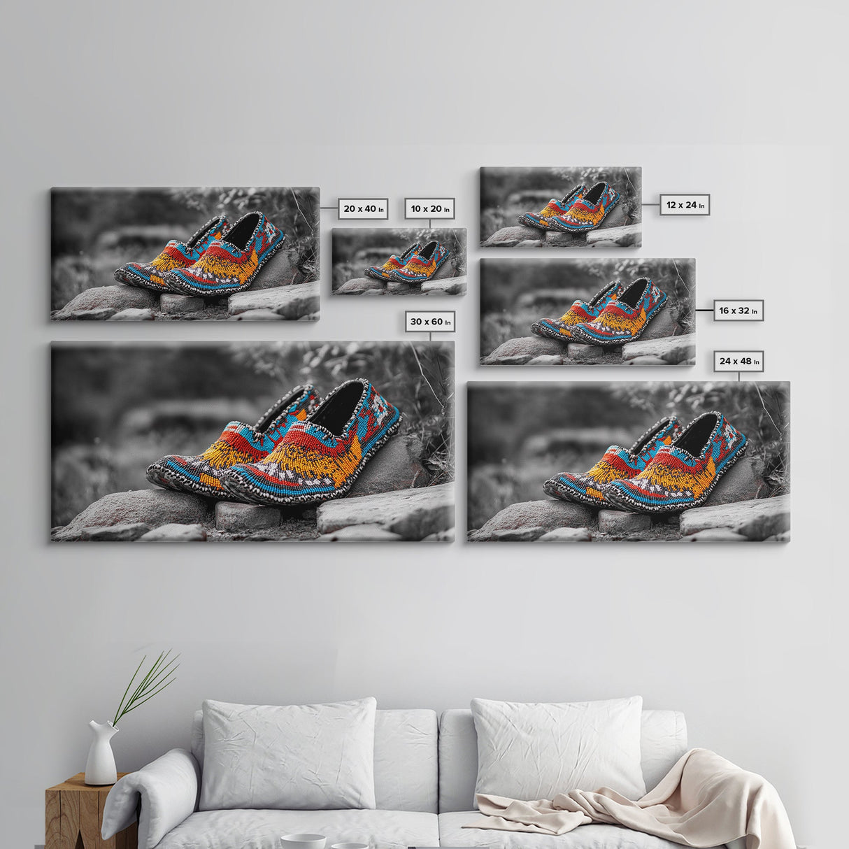 Native Beaded Shoes, Color Pop, Bohemian Style, Tribal Art, Framed Canvas Print, Rustic Wall Art, Entryway Decor, Ethnic Home Accent