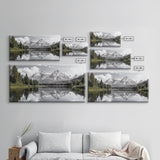 Serene Lake, Snowy Peaks, Forest Reflection, Canvas Print, Nature Photography, Modern Living Room Art, Black White Green Decor