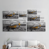 Yellow Boat, Lonely Man, Moody Shore, Framed Canvas Print, Coastal Wall Art, Nautical Decor, Masculine Home Office Style