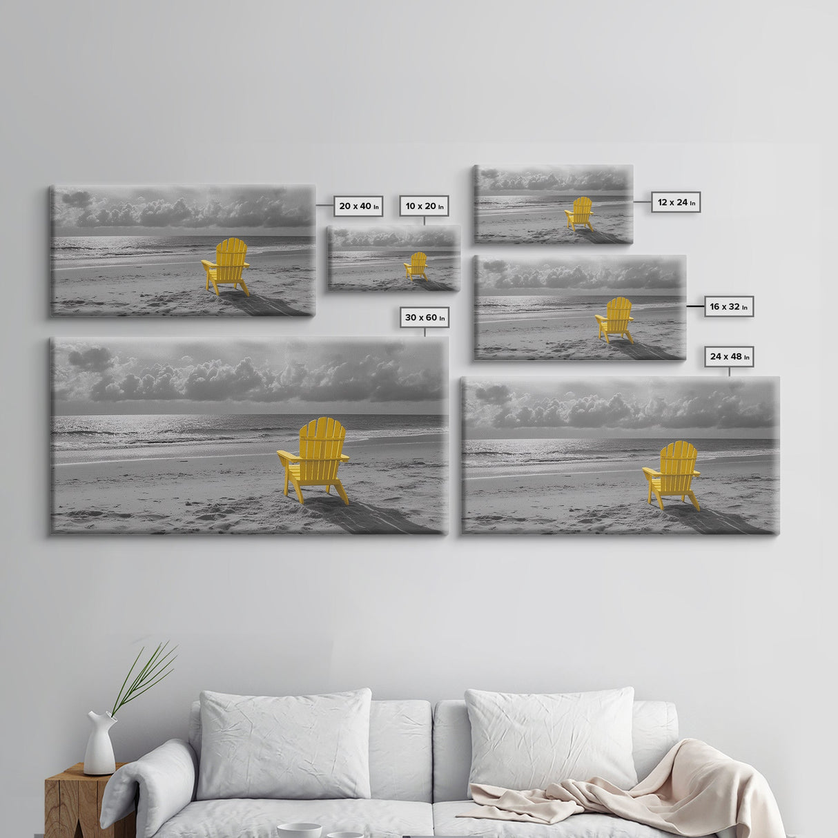 Yellow Chair, Tranquil Beach, Ocean Horizon, Canvas Print, Minimalist Beach Wall Art, Guest Room Decor, Calm Coastal Scene