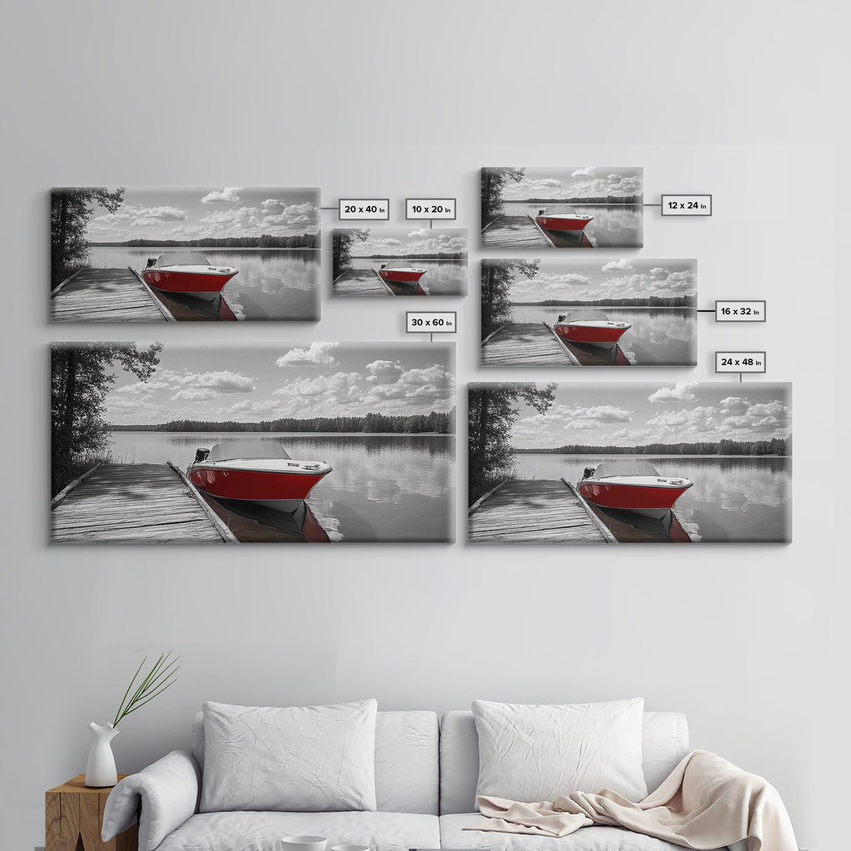Rustic Boathouse, Red Canoe, Lake Reflection, Tranquil Nature, Framed Canvas Print, Cabin Wall Art, Autumn Lake House Decor