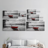 Rustic Boathouse, Red Canoe, Lake Reflection, Tranquil Nature, Framed Canvas Print, Cabin Wall Art, Autumn Lake House Decor