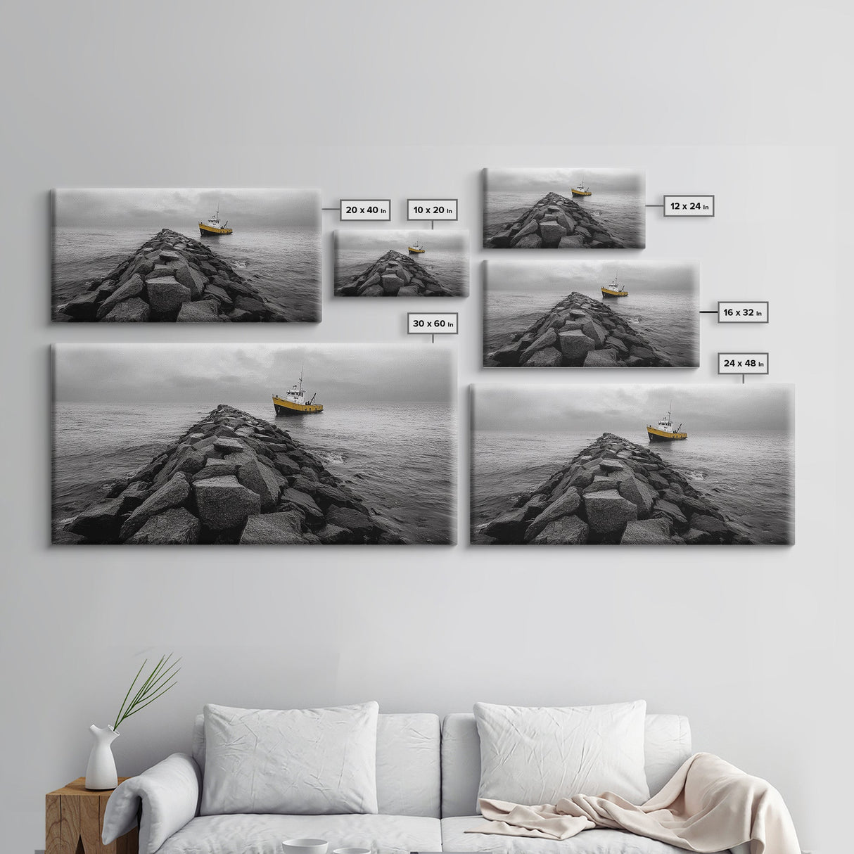 Ship At Sea, Yellow Boat, Ocean Journey, Nautical Photography, Canvas Print, Coastal Wall Art, Bathroom Decor, Minimalist Ocean Art
