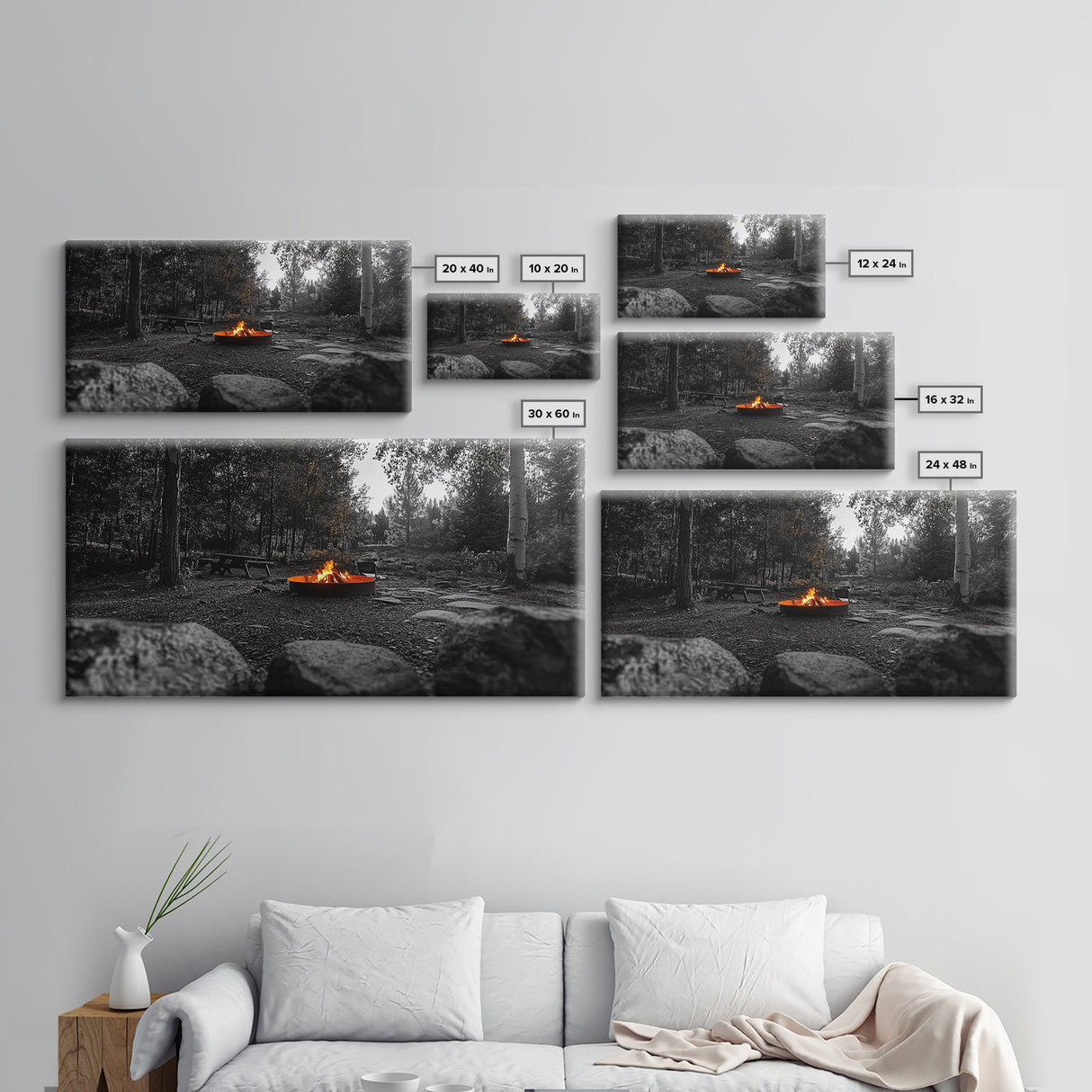 Forest Campfire, Glowing Flames, Outdoor Retreat, Cozy Autumn, Framed Canvas Print, Rustic Wall Decor, Fall Living Room Art, Nature Scene
