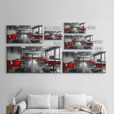 Red Chairs, Modern Cafeteria, Retro Seating, Pop Color Dining, Canvas Print, Kitchen Wall Art, Urban Minimalism, Bold Office Decor