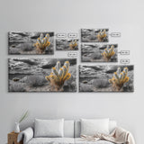 Golden Bloom Cactus, Desert Storm Landscape, Framed Canvas Print, Rustic Decor, Boho Western Art, Entryway Wall Art, Autumn Style