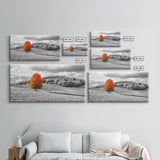 Autumn Tree, Rolling Hills, Minimalist Landscape, Fall Decor, Framed Canvas Print, Office Wall Art, Vibrant Red Orange Tree Scene