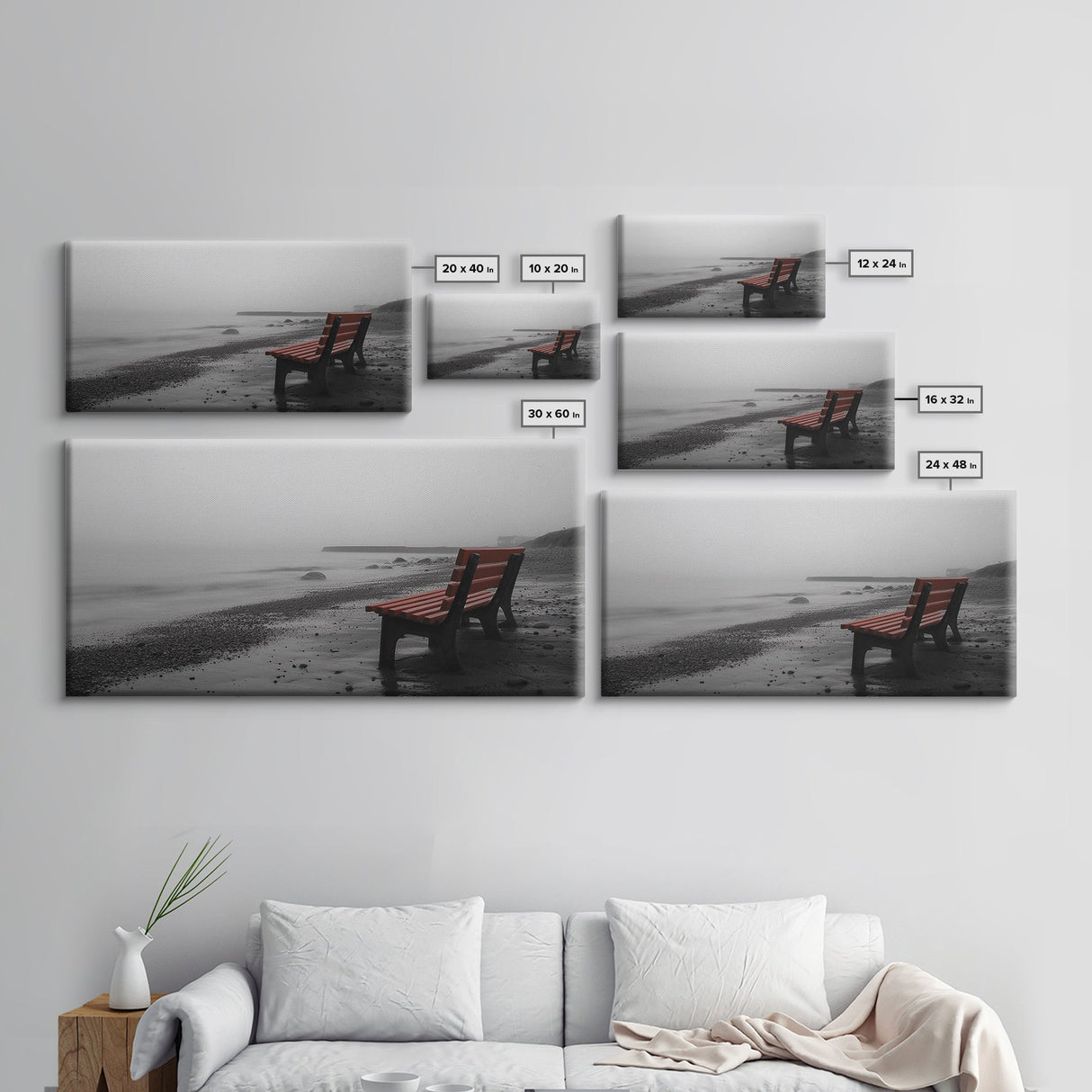 Red Bench Fog, Moody Coastal Morning, Framed Canvas Print, Minimalist Beach Wall Art, Modern Entryway Decor, Black and White Vibes