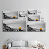 Yellow Buoy, Ocean Minimalism, Coastal Calm, Seaside Solitude, Canvas Print beach house wall decor, black and white modern art