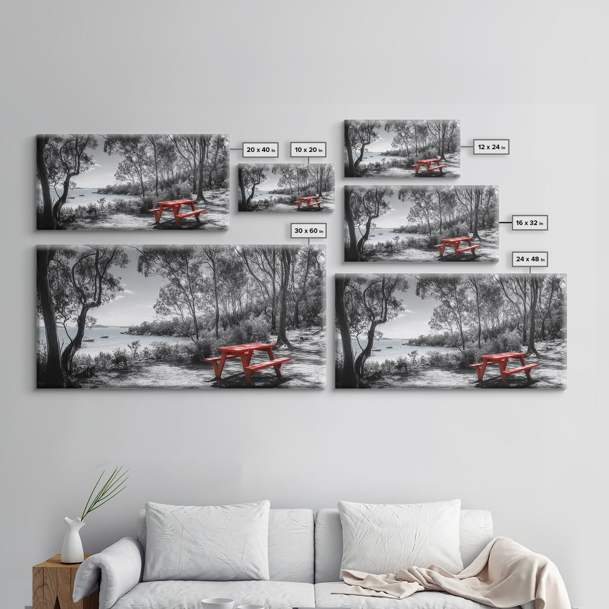Red Picnic Table, Lakeside Spot, Forest Escape, Outdoor Moment, Framed Canvas Print nature wall art, rustic cabin decor, adventure print